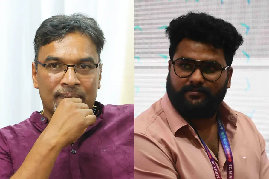 Malayalam authors Akhil P. Dharmajan and Babu Abraham sharing their personal struggles with cyberbullying and physical harassment during a literary festival session.