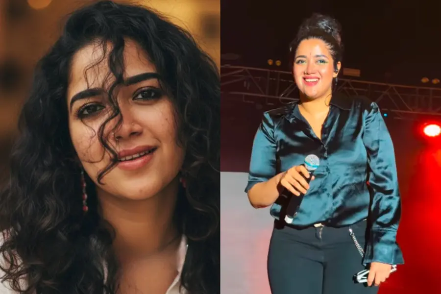 Singer and performer Abhirami Suresh during a live concert, addressing the recent wave of cyberbullying and sexual comments directed at her performance.