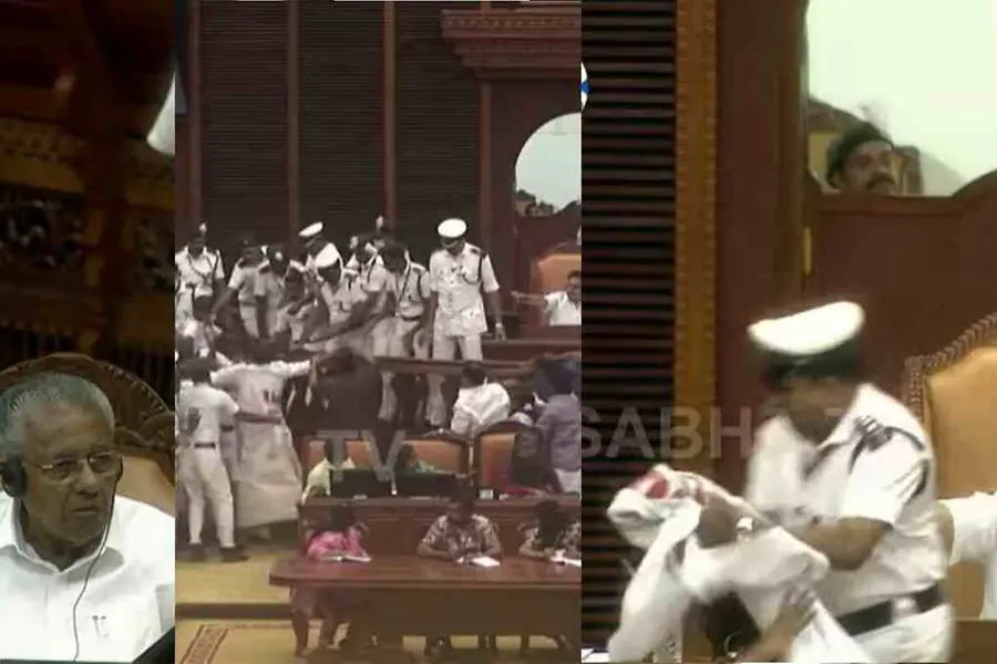 സഭയിൽ നാടകീയ രംഗങ്ങൾ; ഡയസിലേക്ക് കടന്നുകയറാൻ ശ്രമം, ബാനർ പിടിച്ചുവാങ്ങി വാച്ച്ആൻഡ് വാർഡ്