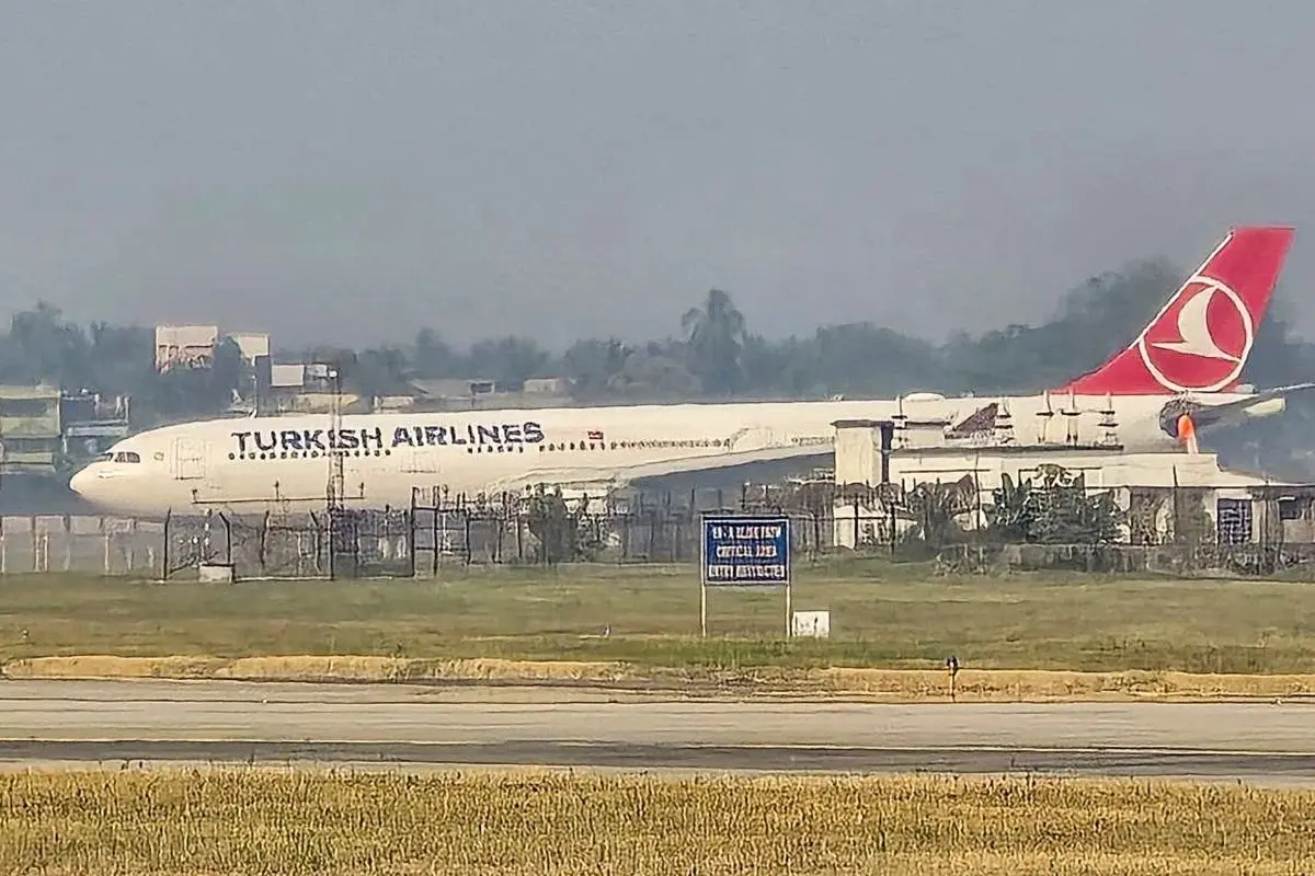 The Turkish Airlines plane that made an emergency landing after the pilot declared a fire in the aircraft's right engine. | Photo: PTI