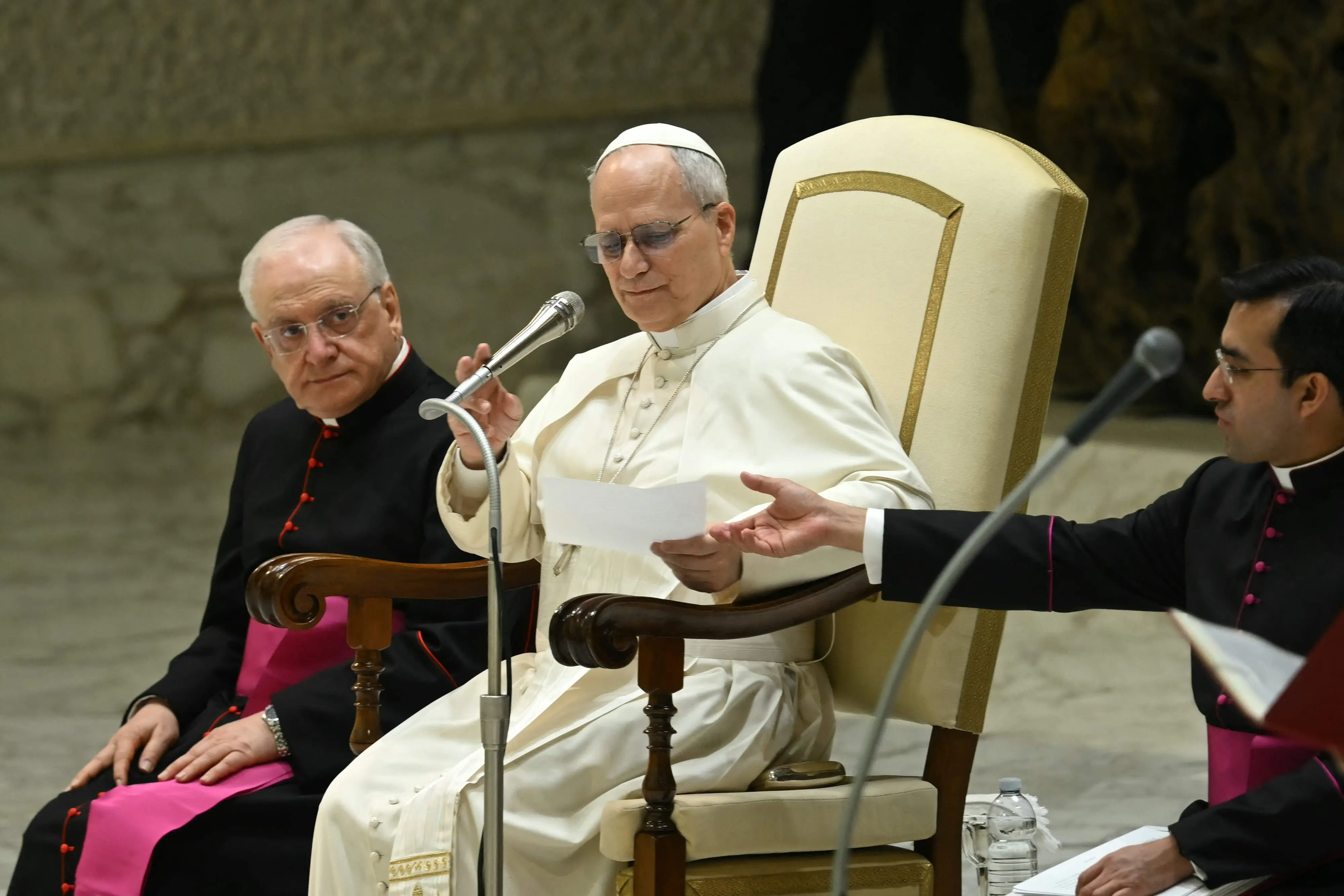 Pope Leo XIV gives a weekly general audience, at Paul-VI hall in The Vatican on February 4, 2026. (Photo by Filippo MONTEFORTE / AFP)