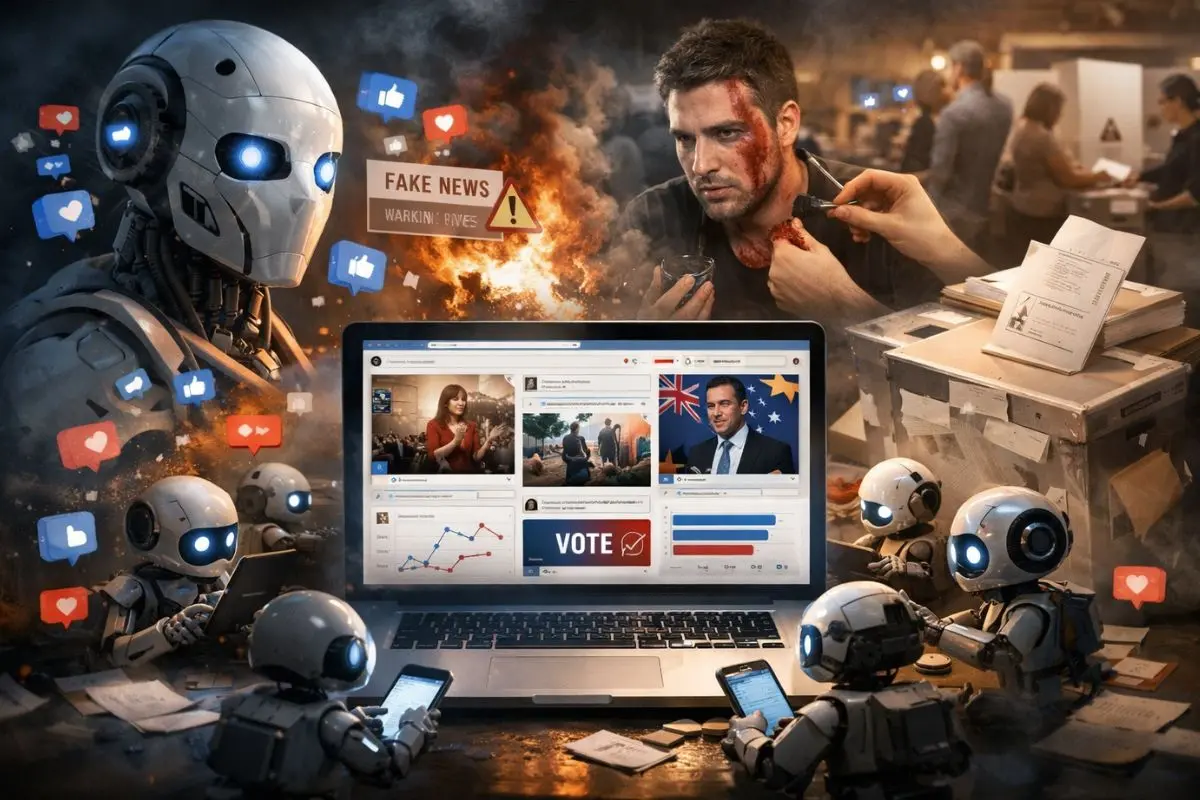 An illustrative image depicting how AI-driven bot networks can amplify misinformation on social media and influence public opinion during elections.