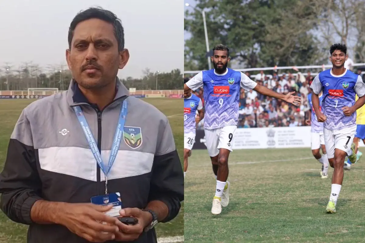 സന്തോഷ് ട്രോഫി കേരള ടീം കോച്ച് ഷഫീഖ് ഹസൻ, സെമിയിൽ പഞ്ചാബിനെതിരേ ഗോൾ നേടിയ കേരള താരങ്ങളുടെ ആഹ്ളാദം | ഫോട്ടോ - ടി.കെ. പ്രദീപ് കുമാർ / മാതൃഭൂമി