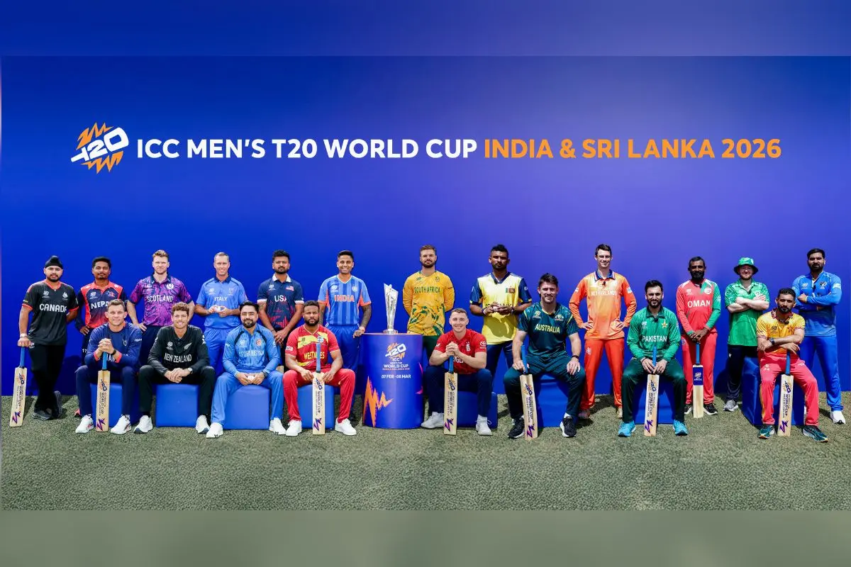 Captains of the 20 participating nations, including India skipper Suryakumar Yadav, pose with the trophy ahead of the ICC Men's T20 World Cup 2026. (PTI Photo)
