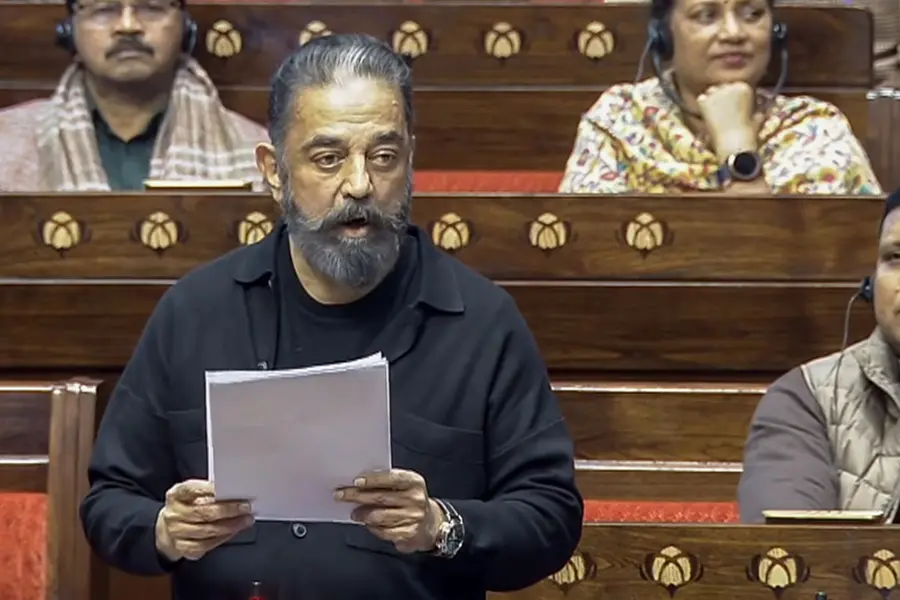 Kamal Haasan delivering his first speech in the Rajya Sabha, quoting Supreme Yaskin's dialogue from the movie Kalki 2898 AD