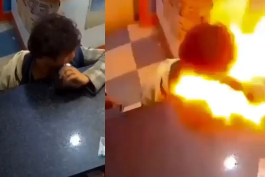 അറിയാതെ മൊബൈൽ ബാറ്ററിയിൽ കടിച്ചു, പിന്നെ കാണുന്നത് അഗ്നിഗോളം; ഞെട്ടിപ്പിക്കുന്ന വീഡിയോ