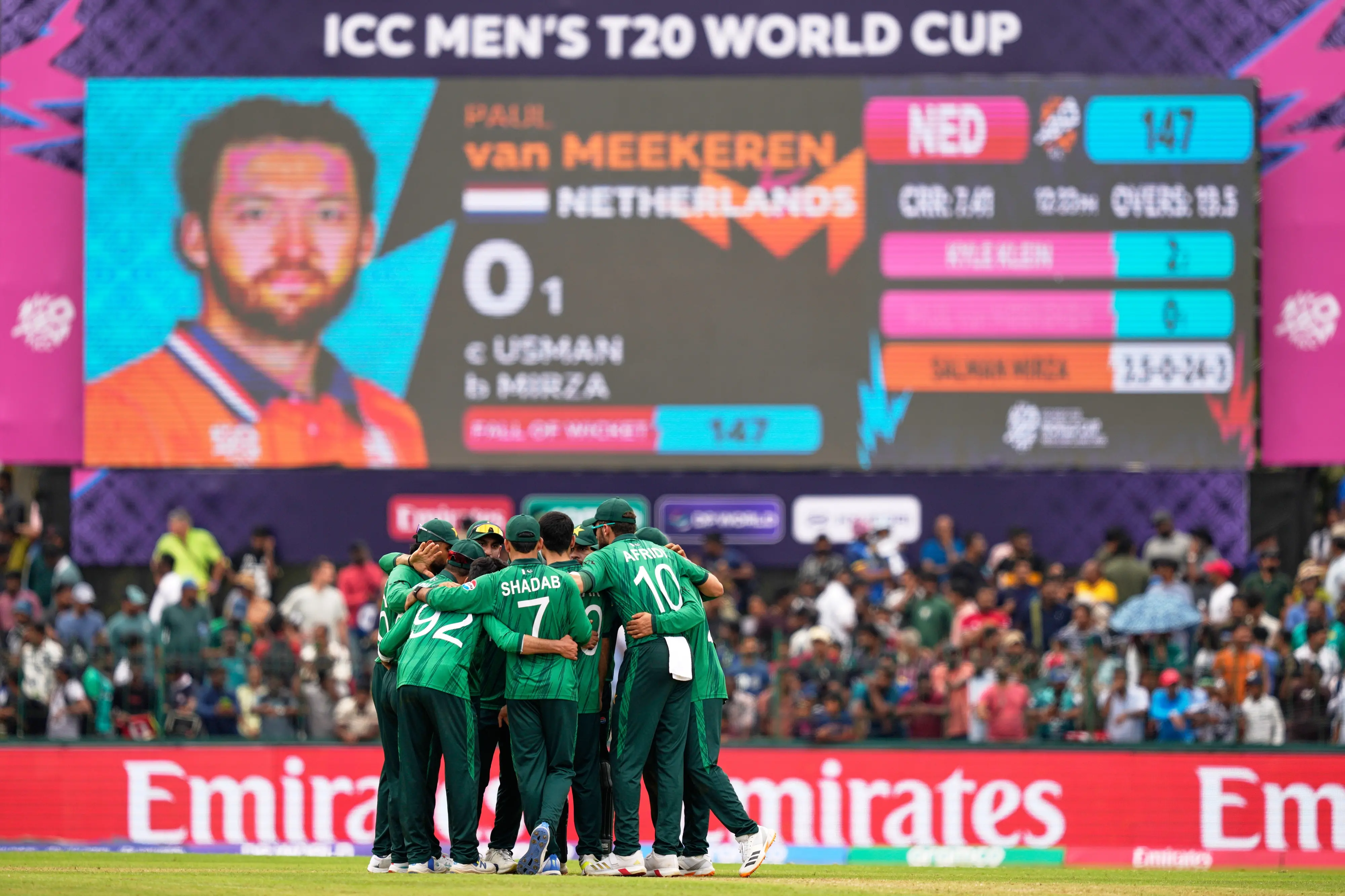 Pakistan's players form a huddle at the end of the first half of the T20 World Cup cricket match between Netherlands and Pakistan in Colombo, Sri Lanka | AP