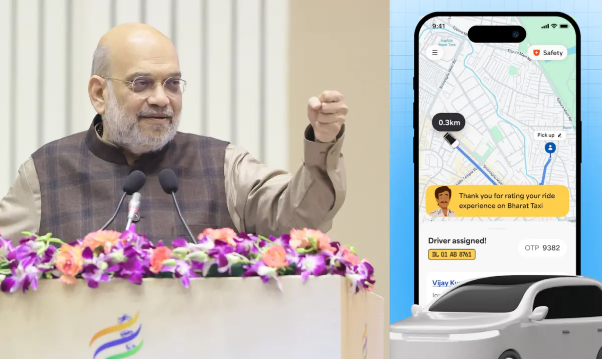 കേന്ദ്ര ആഭ്യന്തര മന്ത്രി അമിത് ഷാ ഭാരത് ടാക്സി സേവനത്തിന് തുടക്കമിട്ട് സംസാരിക്കുന്നു | Photo: x.com/AmitShah