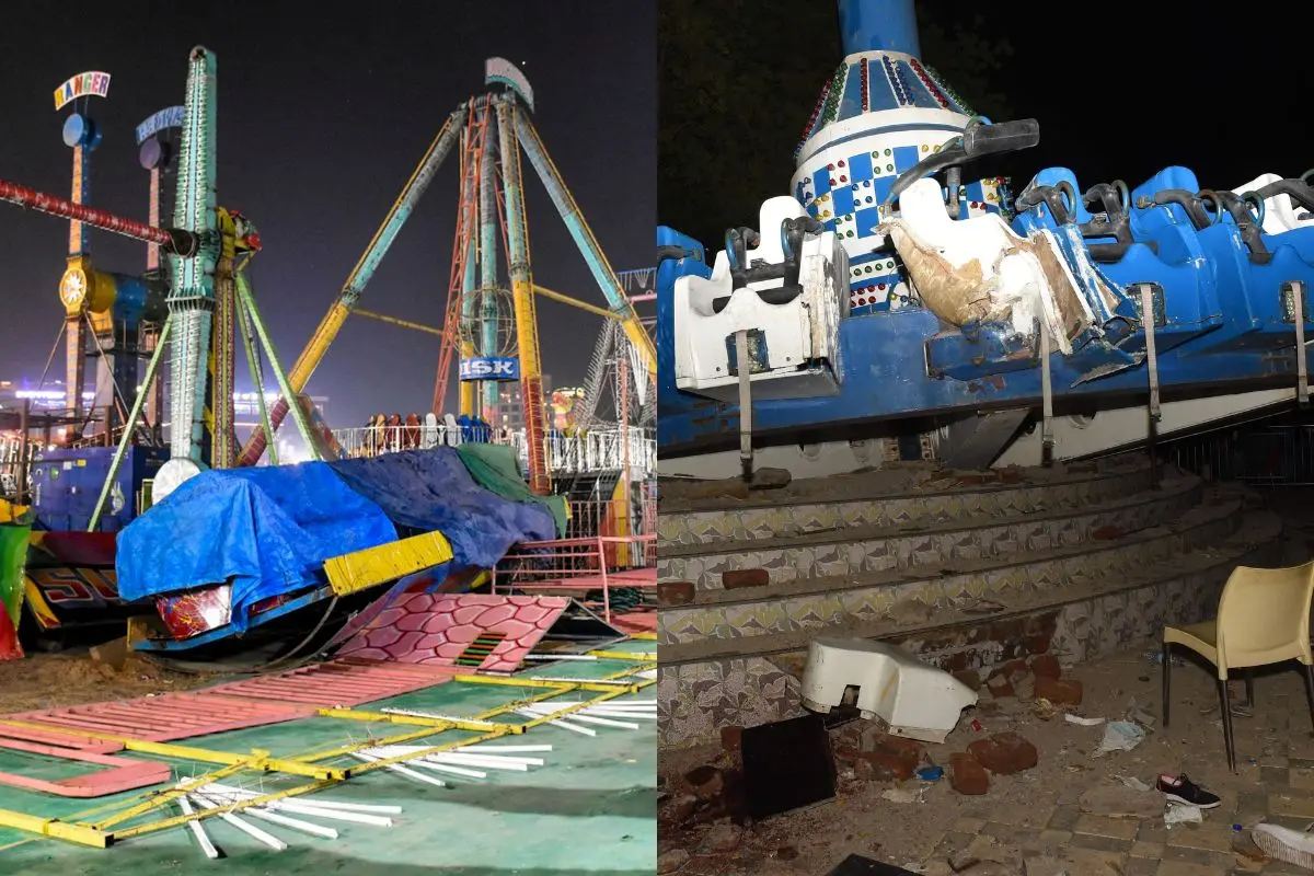 Police personnel at the spot after a swing fell down at Surajkund fair, in Faridabad, Saturday, Feb. 7, 2026, Joy Ride machine known as 'Discovery' is pictured after crashing at Kankaria Lake Front in Ahmedabad on July 14, 2019 (Photo: PTI)