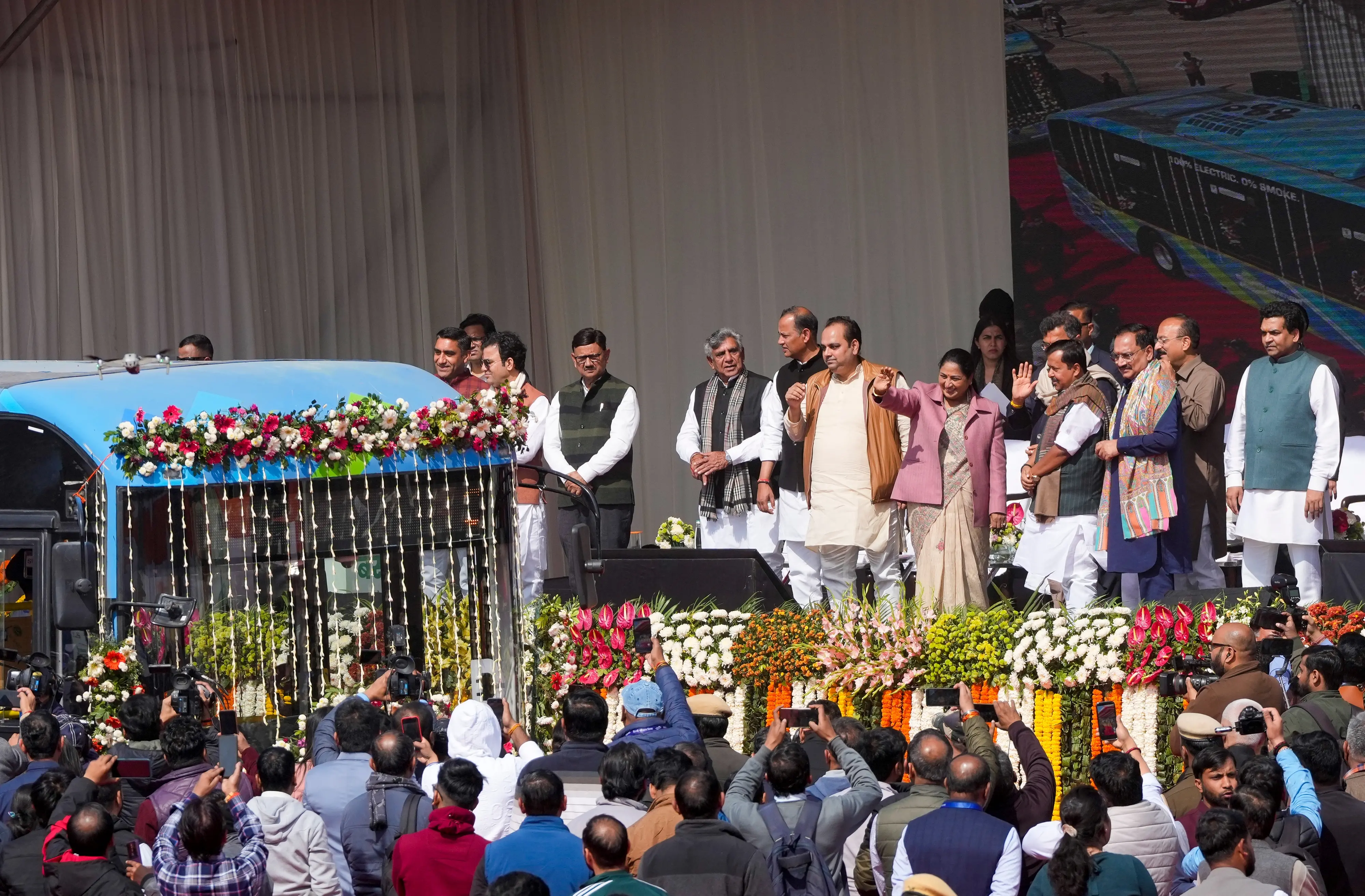 Delhi Chief Minister Rekha Gupta with BJP National President Nitin Nabin flags off 500 new electric vehicle (EV) buses | Photo: PTI