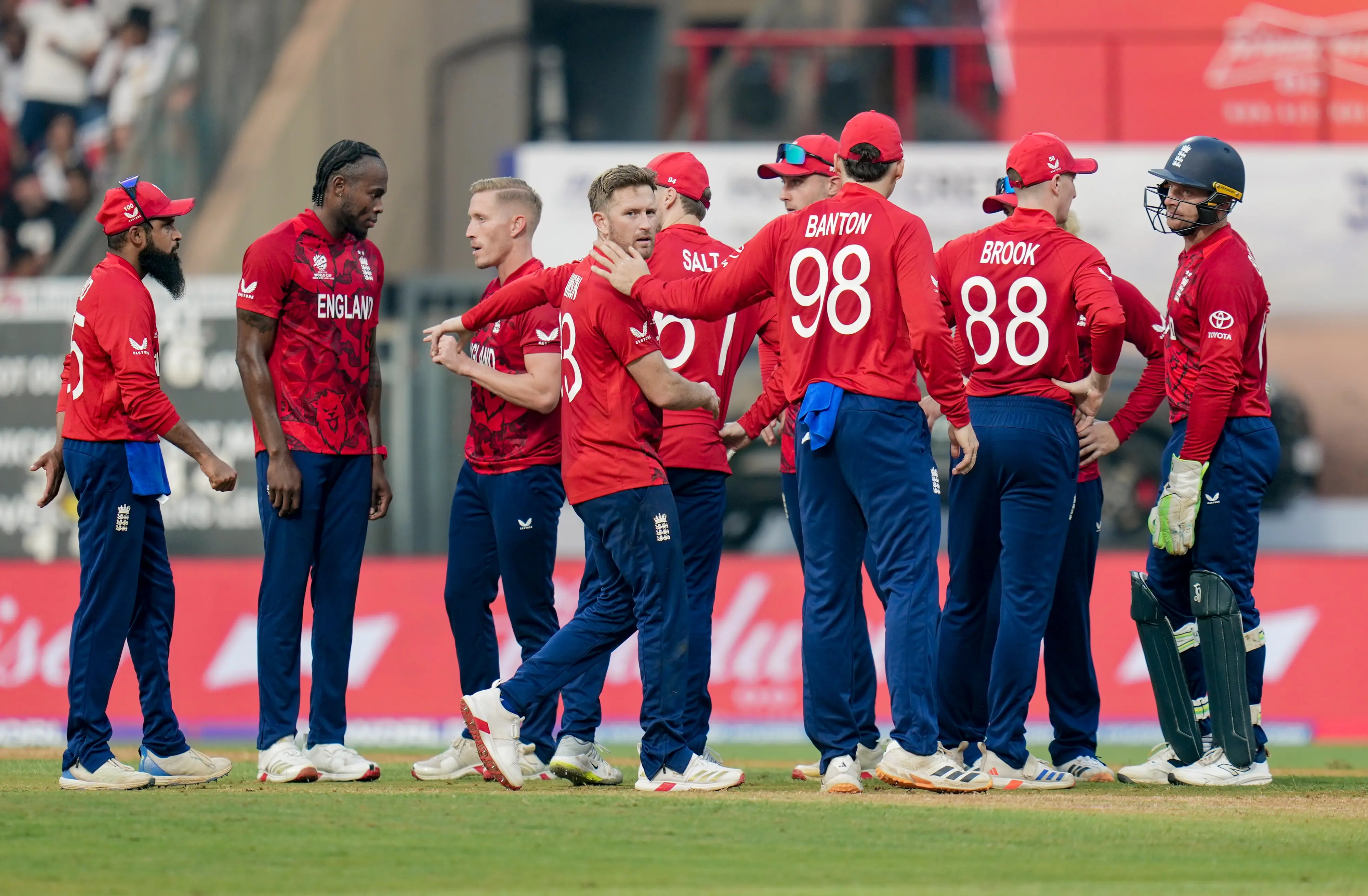 England's players celebrate a wicket during an ICC Men's T20 World Cup 2026 cricket match between England and Nepal at the Wankhede Stadium | PTI