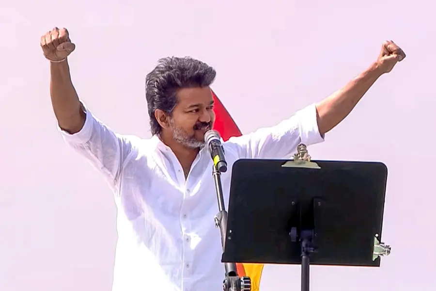 TVK chief Vijay at a public meeting in Erode