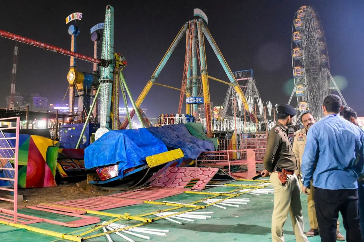 Police personnel at the spot after a swing fell down at Surajkund fair, in Faridabad | Photo: PTI