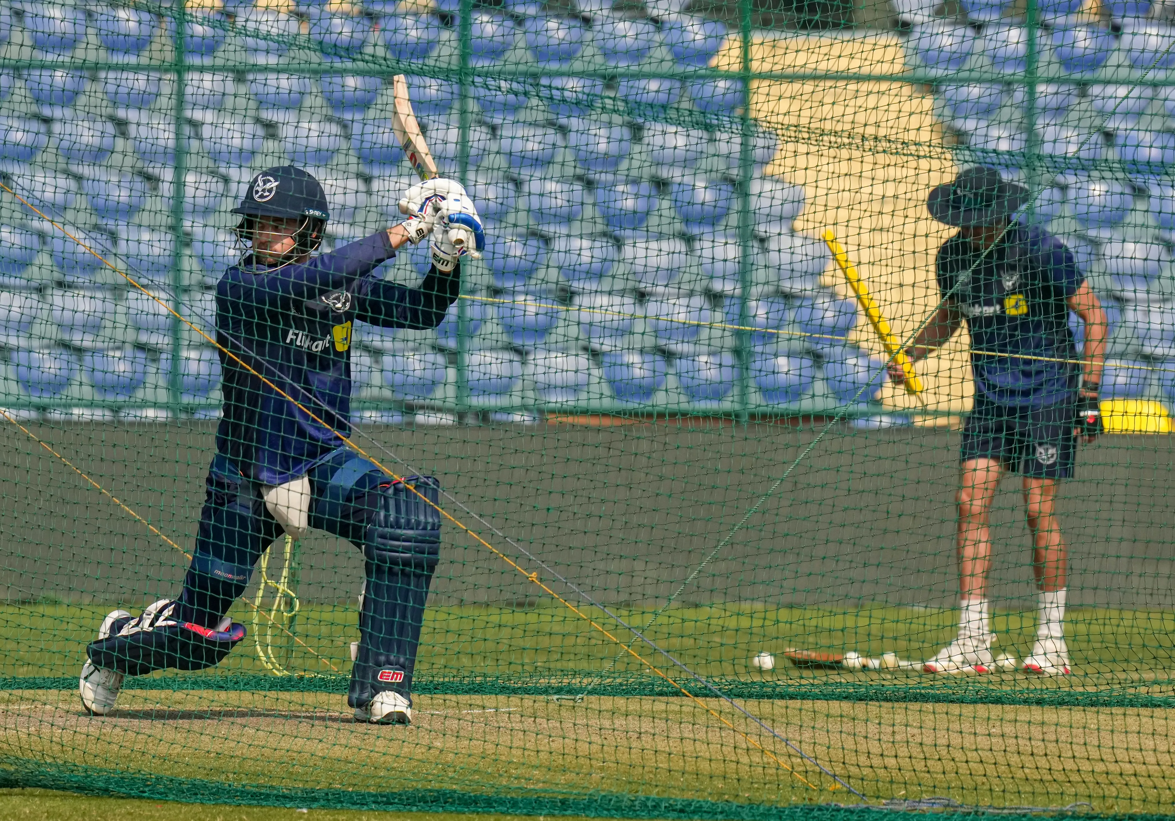 Namibia's Jan Frylinck, left, plays a shot during a practice session ahead of an ICC Men's T20 World Cup 2026 cricket match between Netherlands and Namibia | PTI