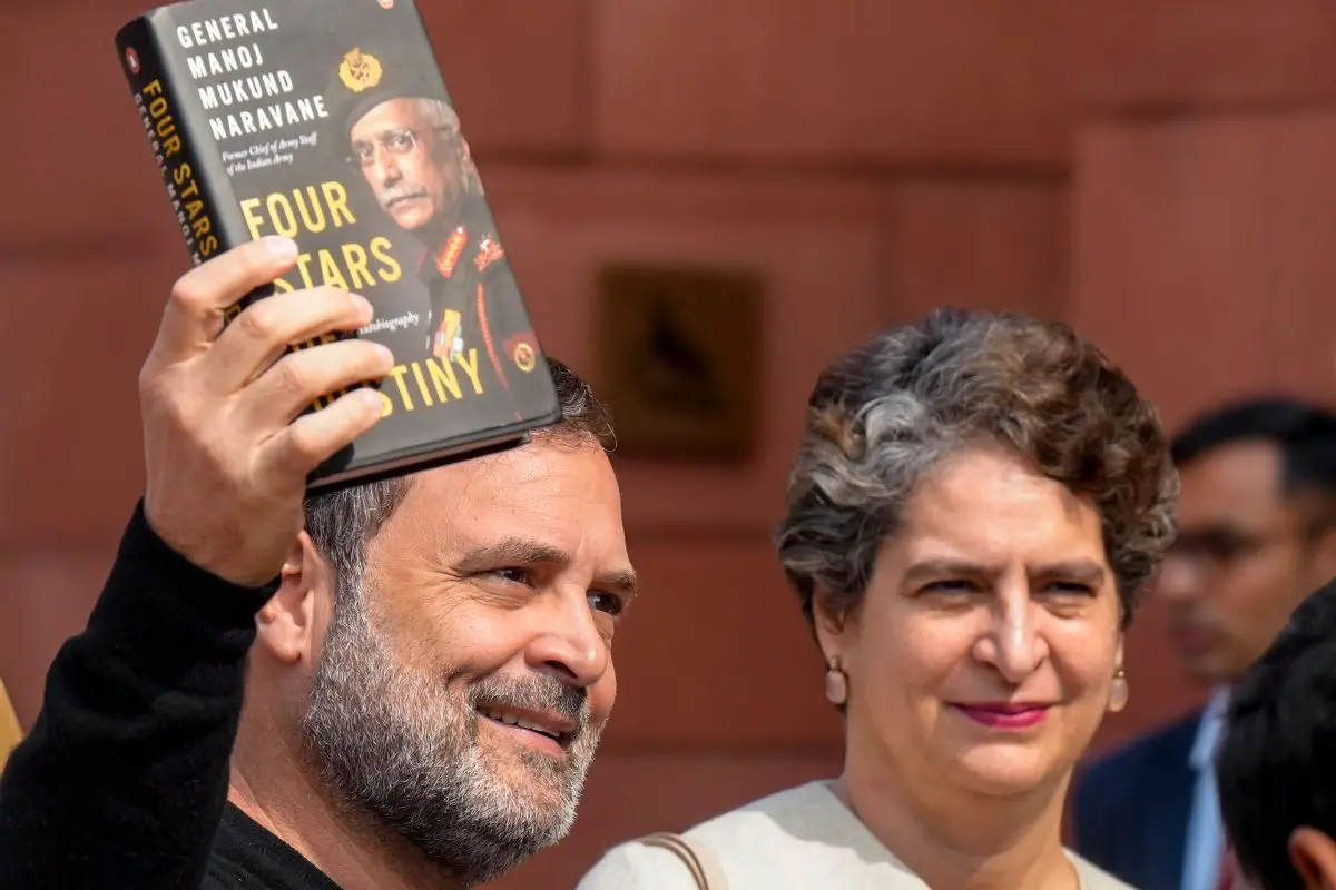 Leader of Opposition in the Lok Sabha Rahul Gandhi shows a copy of the unpublished 'memoir' of former Army chief M M Naravane during the Budget Session of Parliament, in New Delhi | File photo: PTI