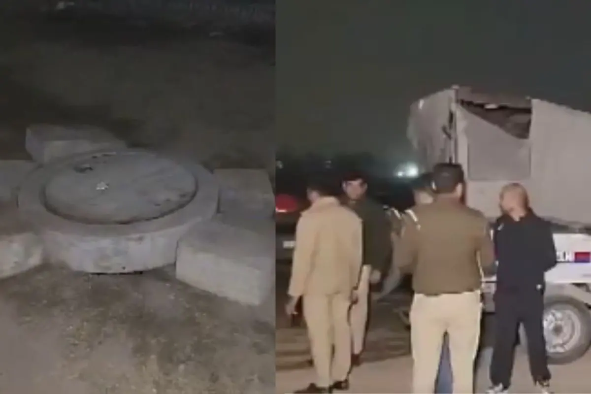 Thedrain that caused the accident in Rohini, Delhi, police and other officials on the spot (Photo: X)