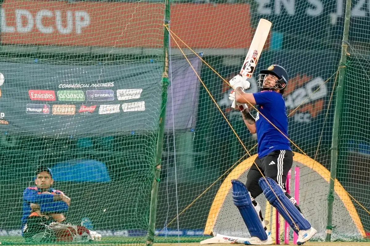 Ishan Kishan plays a shot during a practice session ahead of an ICC Men's T20 World Cup 2026 cricket match between India and Namibia, at the Arun Jaitley Stadium in New Delhi. | Photo: PTI