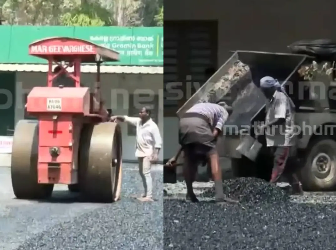 ഏരിയ സെക്രട്ടറിയുടെ കെട്ടിടത്തിന് മുന്നില് ടാറിങ് നടക്കുന്ന ദൃശ്യം | Photo:screengrab/mathrubhumi news