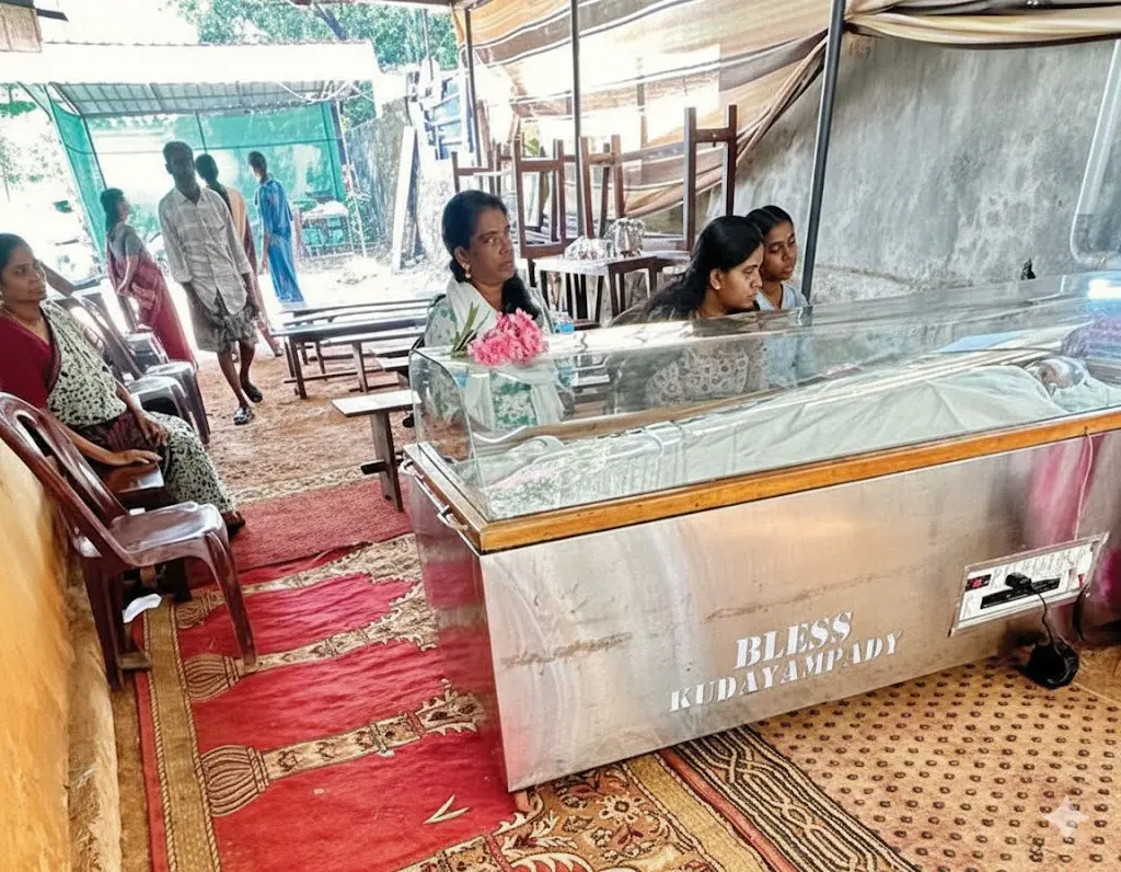 കുമാരനല്ലൂർ ഇർഷാദുൽ മുസ്ലിം മദ്രസയിലെ മുറ്റത്ത് പെരുംബാലയിൽ ഓമന രാജേന്ദ്രന്റെ മൃതദേഹം പൊതുദർശനത്തിന് വെച്ചപ്പോൾ