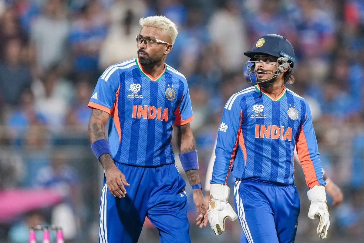 India's Hardik Pandya, left, and Ishan Kishan during the ICC Men's T20 World Cup 2026 cricket match between India and USA, at the Wankhede Stadium in Mumbai. | Photo: PTI