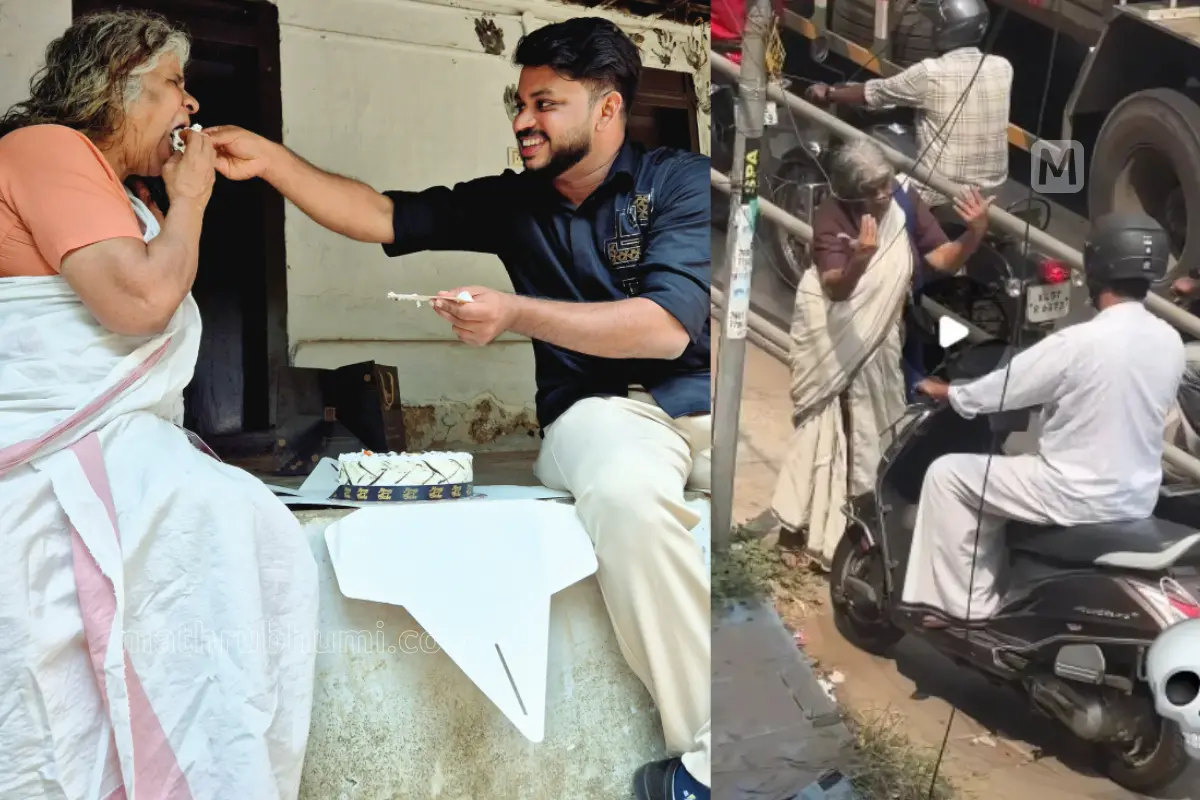 പ്രഭാവതി അമ്മയ്ക്ക് വൈറൽ വീഡിയോ ഷൂട്ട്ചെയ്ത വടകര സ്വദേശി അഫ്ലഹ് കെയ്ക്കുമുറിച്ചുനൽകുന്നു.