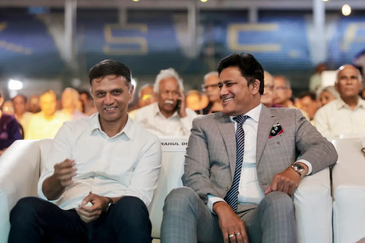 Former cricketers Rahul Dravid, left, and Anil Kumble during a celebration marking the 50 years of M Chinnaswamy Stadium, at Karnataka State Cricket Association (KSCA), in Bengaluru | Photo: PTI