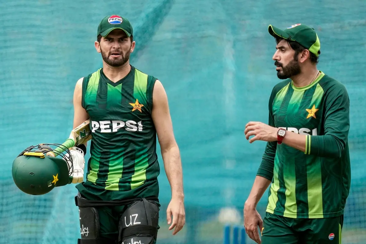 Pakistan's Shaheen Afridi, left, and Usman Tariq during a practice session ahead of an ICC Men's T20 World Cup 2026 cricket match between India and Pakistan | Photo: PTI