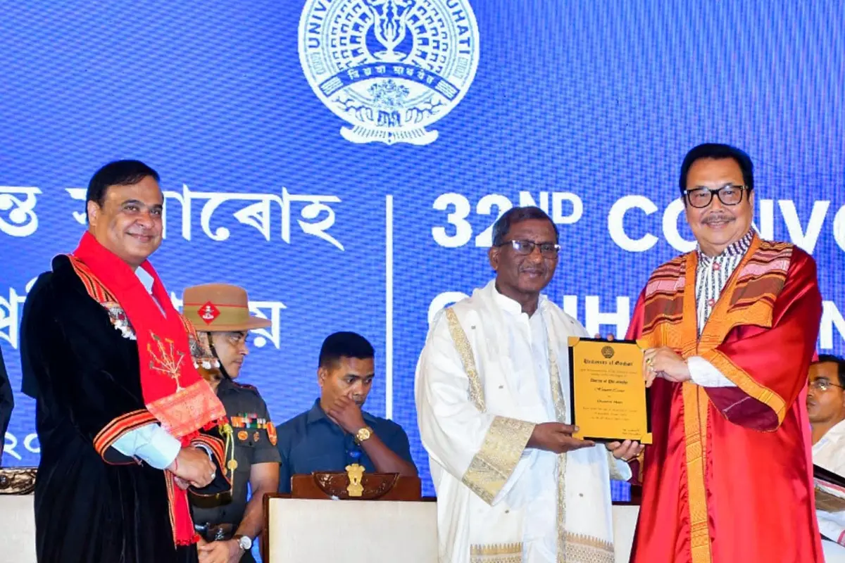 Assam Governor Lakshman Prasad Acharya in the presence of Assam Chief Minister Himanta Biswa Sarma confers an honorary Ph.D. on Arunachal Pradesh Deputy Chief Minister Chowna Mein for his contributions to public life during the 32nd Convocation of Gauhati University, in Guwahati on Friday. | Photo: ANI