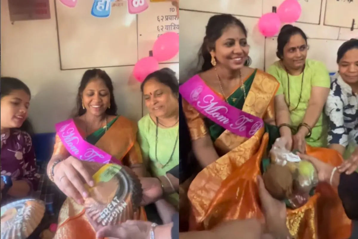 Women passengers celebrate a mom-to-be with a surprise baby shower inside a Mumbai local train, turning a routine commute into a joyful, heartwarming moment. Screengrab: Instagram reel