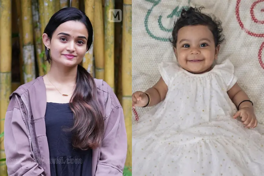 A collage featuring actress Meenakshi and the smiling face of baby Alin Sherin, symbolizing the emotional connection and tribute.