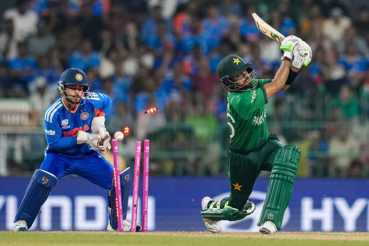 Pakistan's Babar Azam being bowled by India's Axar Patel during an ICC Men's T20 World Cup 2026 cricket match between India and Pakistan, at R Premadasa Stadium in Colombo. | Photo: PTI