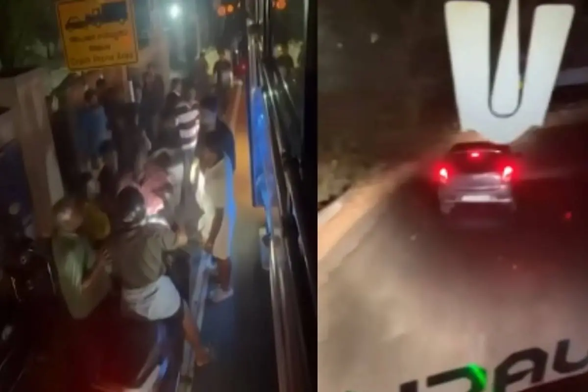 സംഭവസ്ഥലത്തുനിന്നുള്ള ദൃശ്യം(ഇടത്ത്) യുവാക്കളുടെ കാര്‍ ബസിന് മുന്നില്‍ സഞ്ചരിക്കുന്ന ദൃശ്യം(വലത്ത്) | Screengrab: Mathrubhumi News