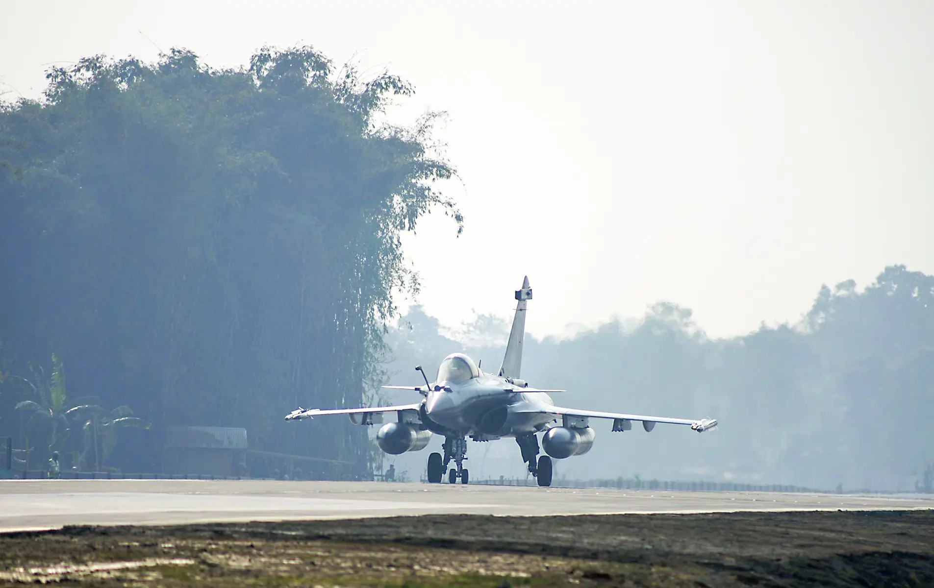 A visual of an Indian Air Force (IAF) Rafale taking off during the inauguration of the newly built Emergency Landing Facility (ELF) built on the Moran bypass in Dibrugarh | ANI