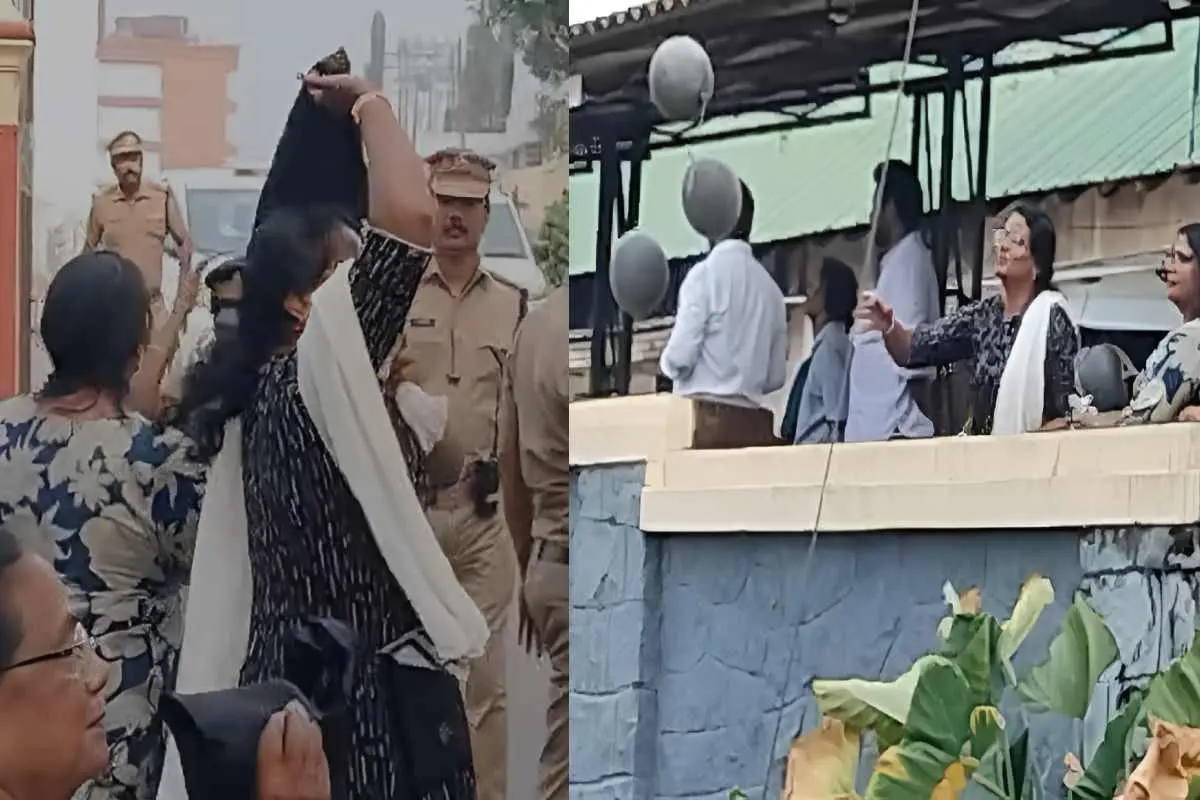 മുഖ്യമന്ത്രിക്കെതിരേ കരിങ്കൊടി കാണിക്കുന്ന മഹിളാ കോണ്ഗ്രസ് പ്രവര്ത്തകര്(ഇടത്ത്) മുഖ്യമന്ത്രി വന്നിറങ്ങിയ ഗ്രൗണ്ടിന് സമീപം കറുത്ത ബലൂണുകള് പറത്തി പ്രതിഷേധിക്കുന്ന ദൃശ്യം(വലത്ത്)