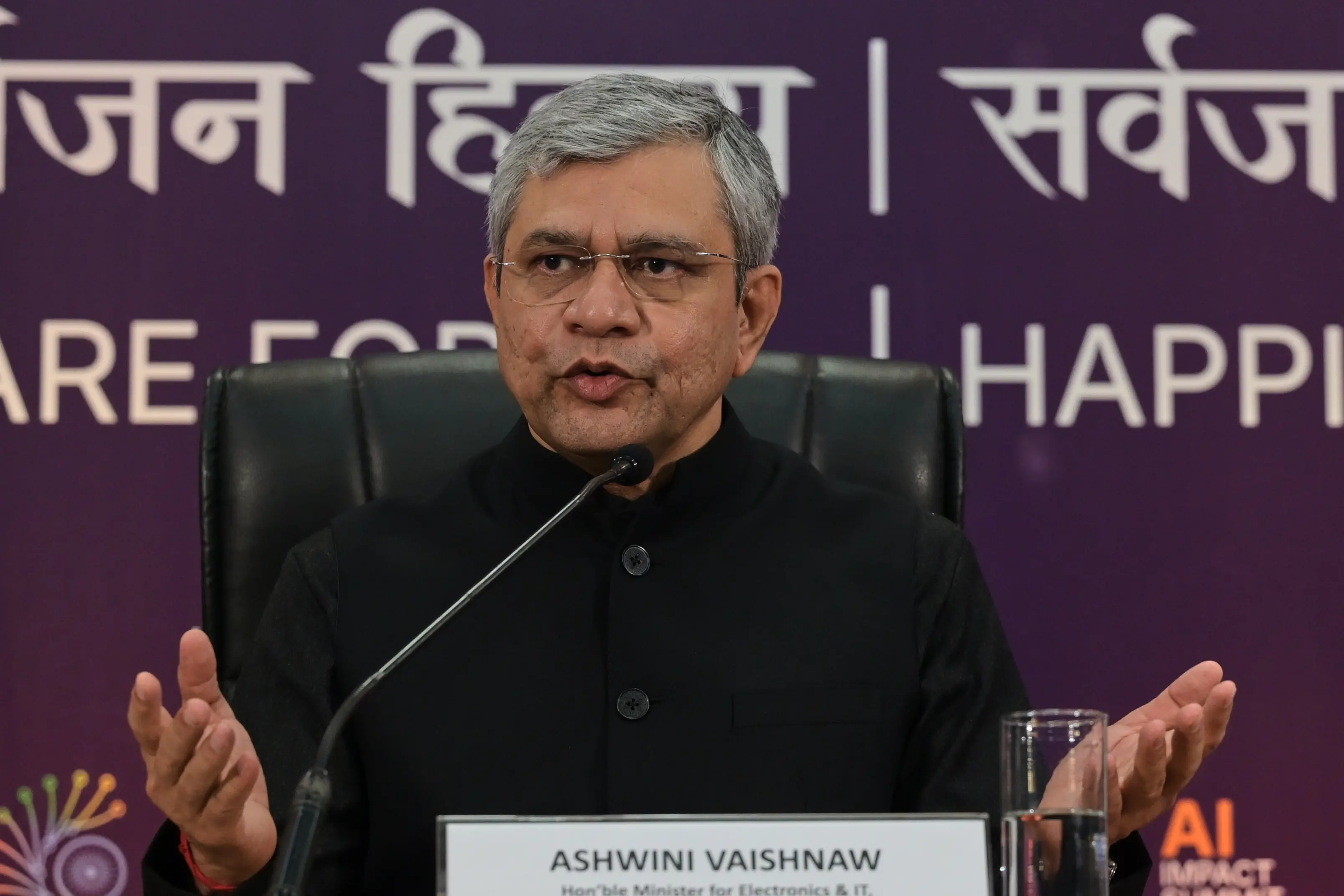Minister Ashwini Vaishnaw addresses a press conference during AI Impact Summit in New Delhi | AP