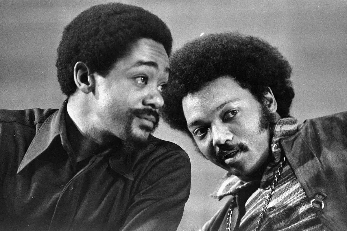 Bobby Seale, left, and the Rev. Jesse Jackson talk at the National Black Political Convention in Gary, Ind., March 12, 1972 (File photo: AP)