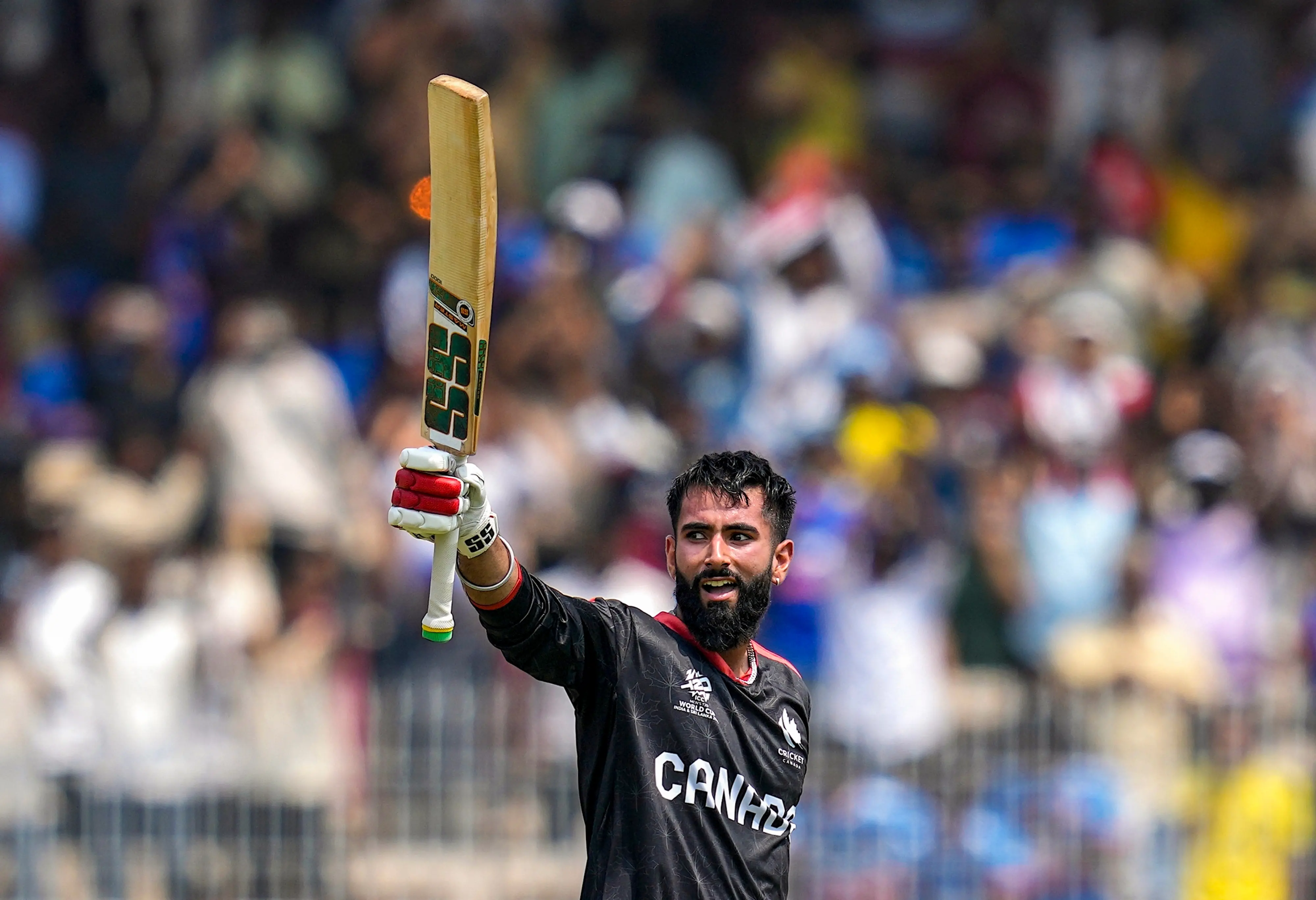 Chennai: Canada's Yuvraj Samra celebrates after scoring a century (100 runs) during the ICC Men's T20 World Cup 2026 cricket match between New Zealand and Canada at the MA Chidambaram Stadium, in Chennai, Tuesday, Feb. 17, 2026. (PTI Photo/R SenthilKumar)(PTI02_17_2026_000154B)