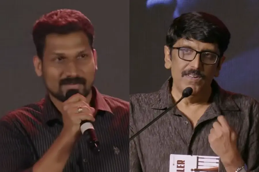 Producer Listin Stephen and Director B. Unnikrishnan sharing a lighthearted moment on stage during the trailer launch of Prathichaya in Kochi