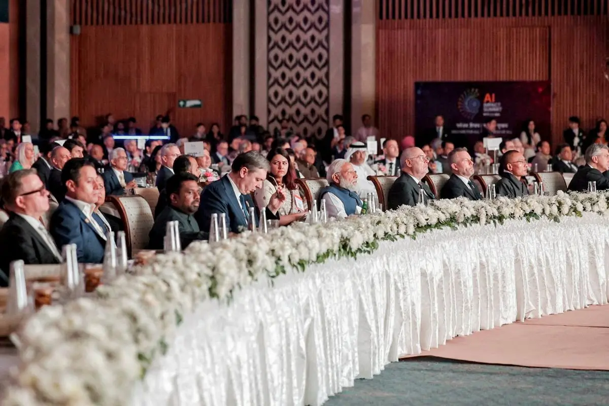 Prime Minister Narendra Modi with world leaders during the AI Impact Summit, in New Delhi. (@narendramodi/X via PTI Photo)