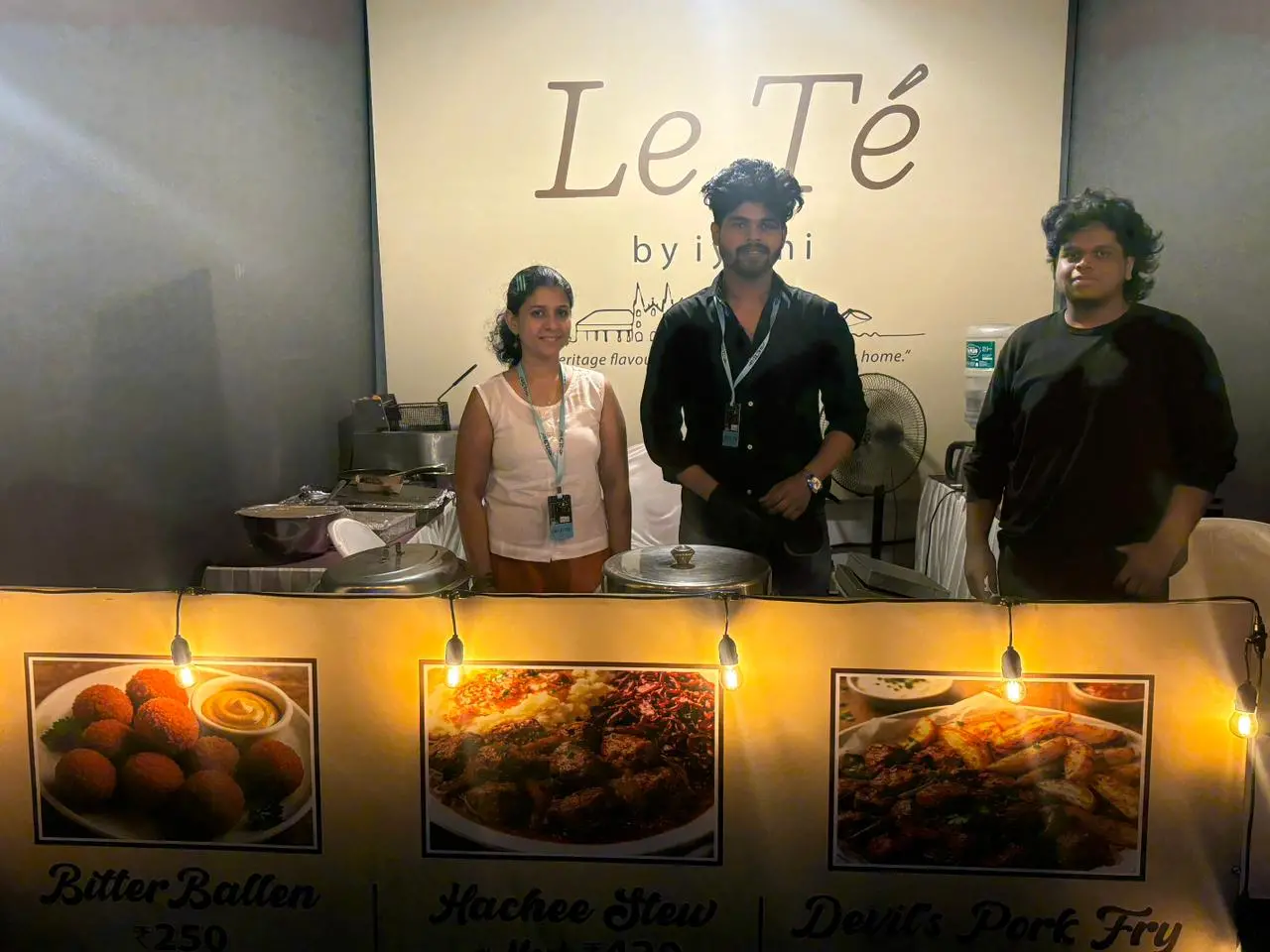 Cafe Le Te's team at their stall during Kappa CULTR 2026 at Bolgatty Palace, serving Dutch-inspired dishes including bitterballen and hachisu stew.