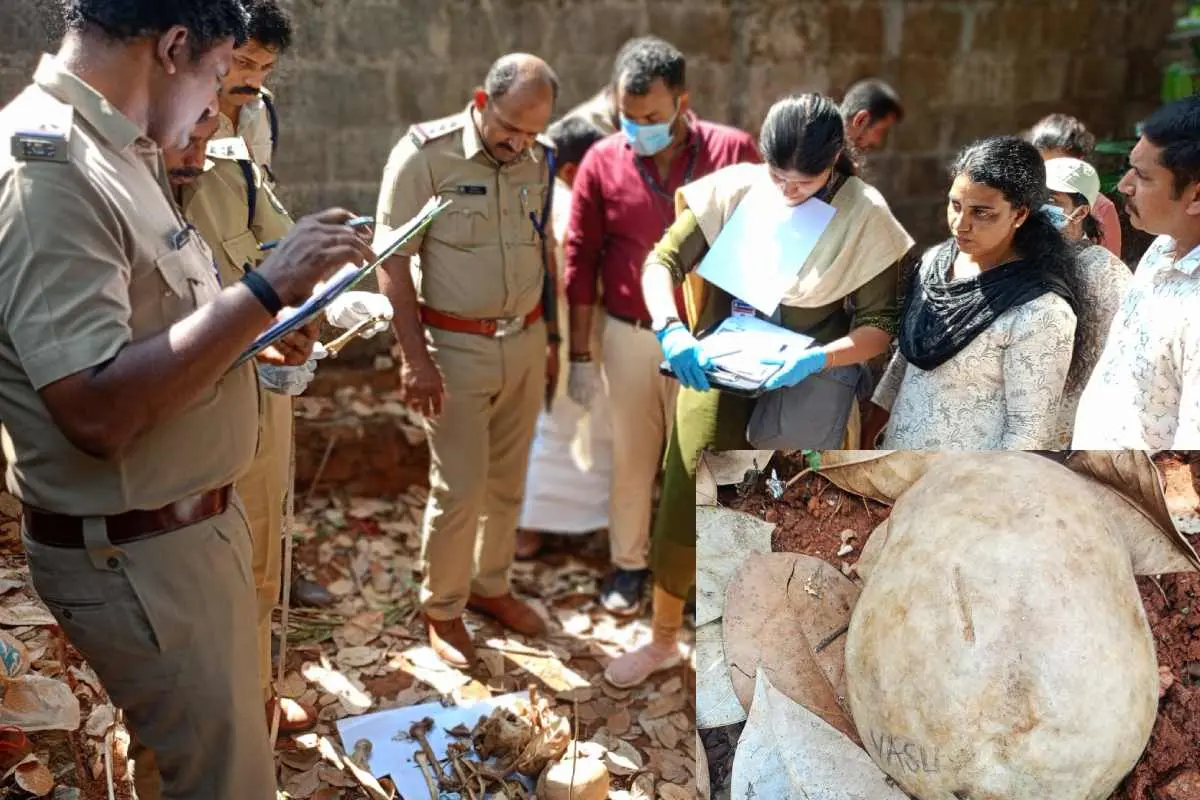 തലയോട്ടികളും അസ്ഥികളും പോലീസ് പരിശോധിക്കുന്നു. ഇന്സെറ്റില് 'വാസു' എന്നെഴുതിയ തലയോട്ടിയുടെ ചിത്രം