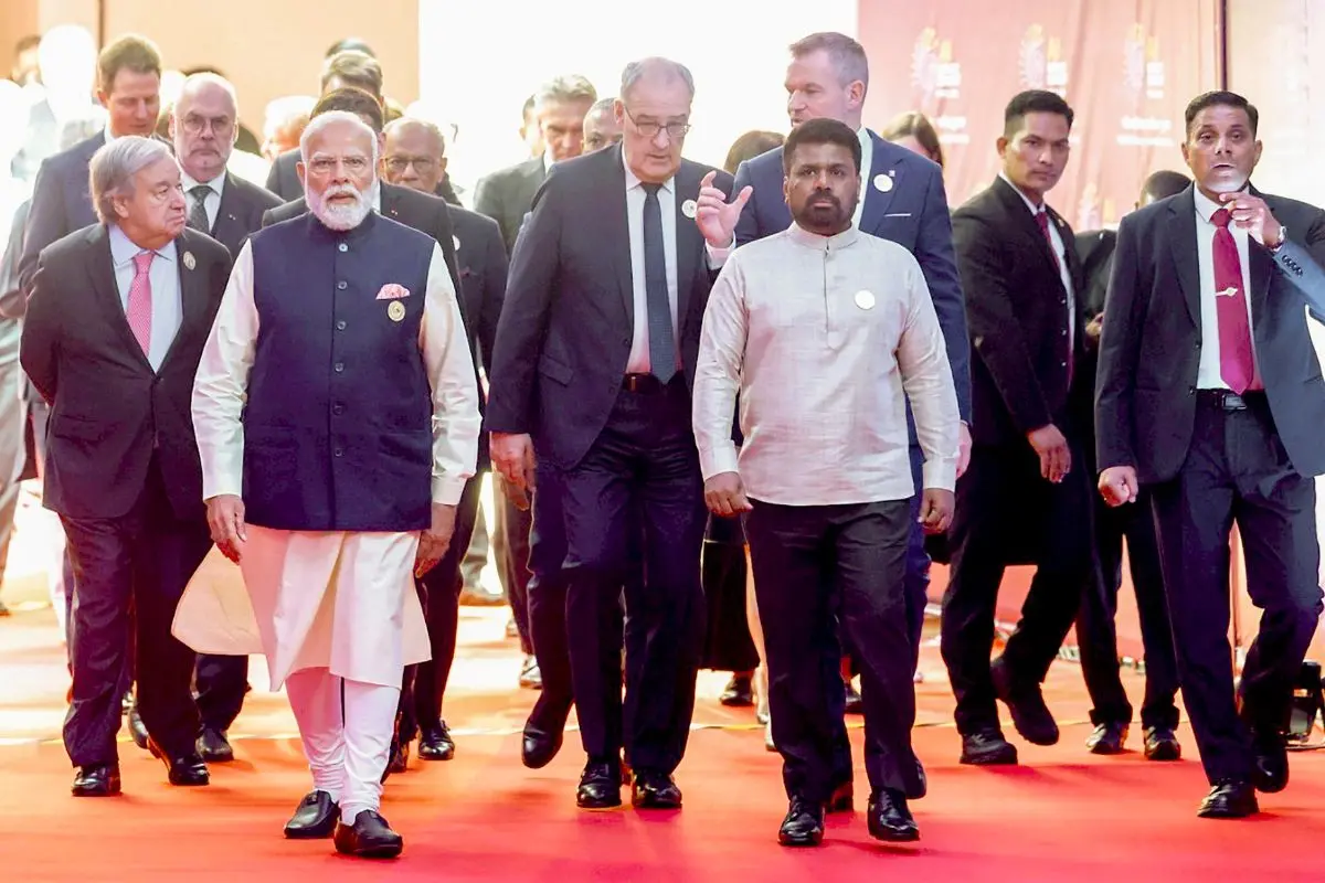Prime Minister Narendra Modi, United Nations (UN) Secretary-General Antonio Guterres, Sri Lankan President Anura Kumara Dissanayake and other world leaders arrive during the AI Impact Summit, in New Delhi | Photo: PTI