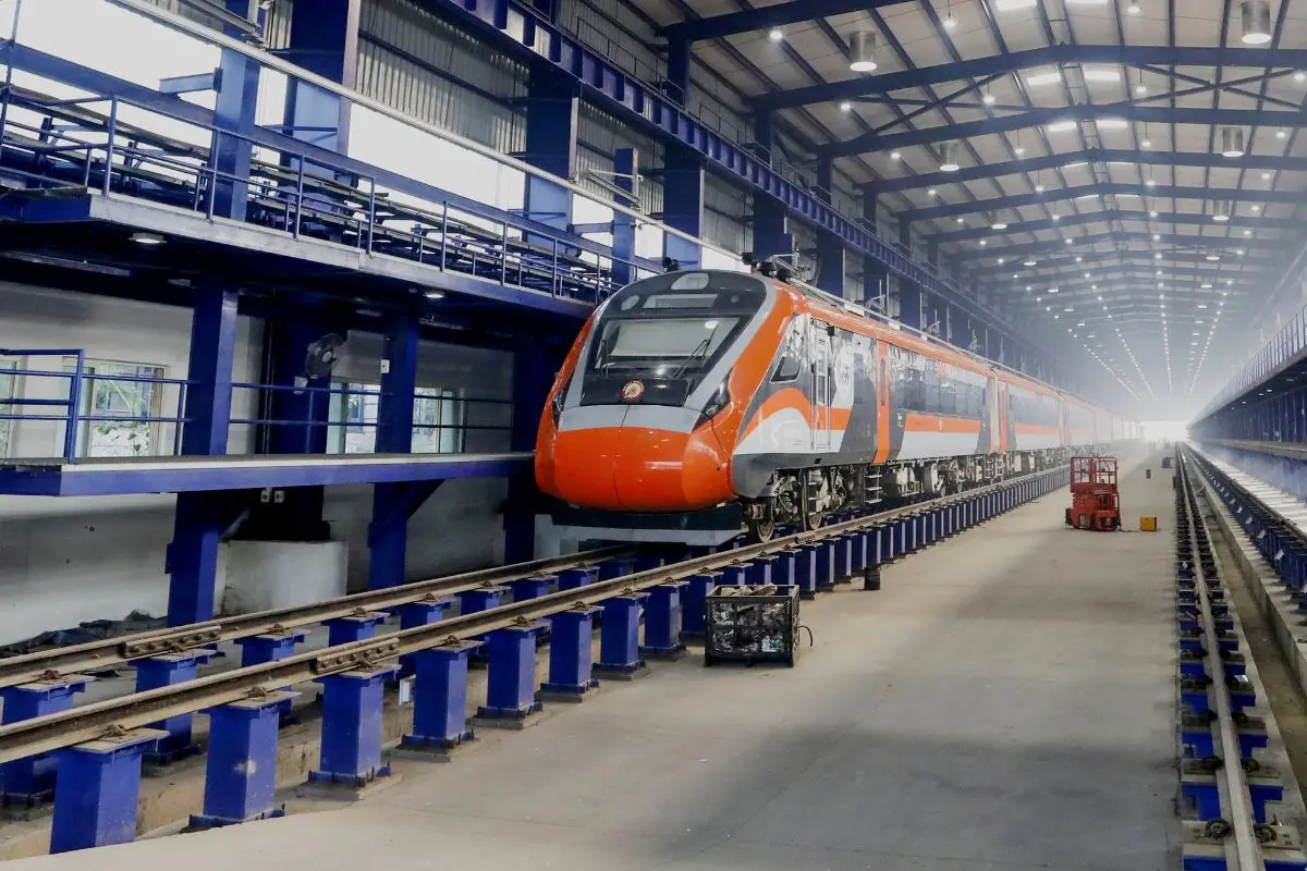 A 'Vande Bharat Express' train, seen stationed at a yard in New Delhi. (PTI Photo)