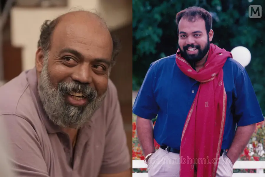 Actor-director Baiju Ezhupunna in a still from his latest movie 'Koodothram' alongside a vintage photo