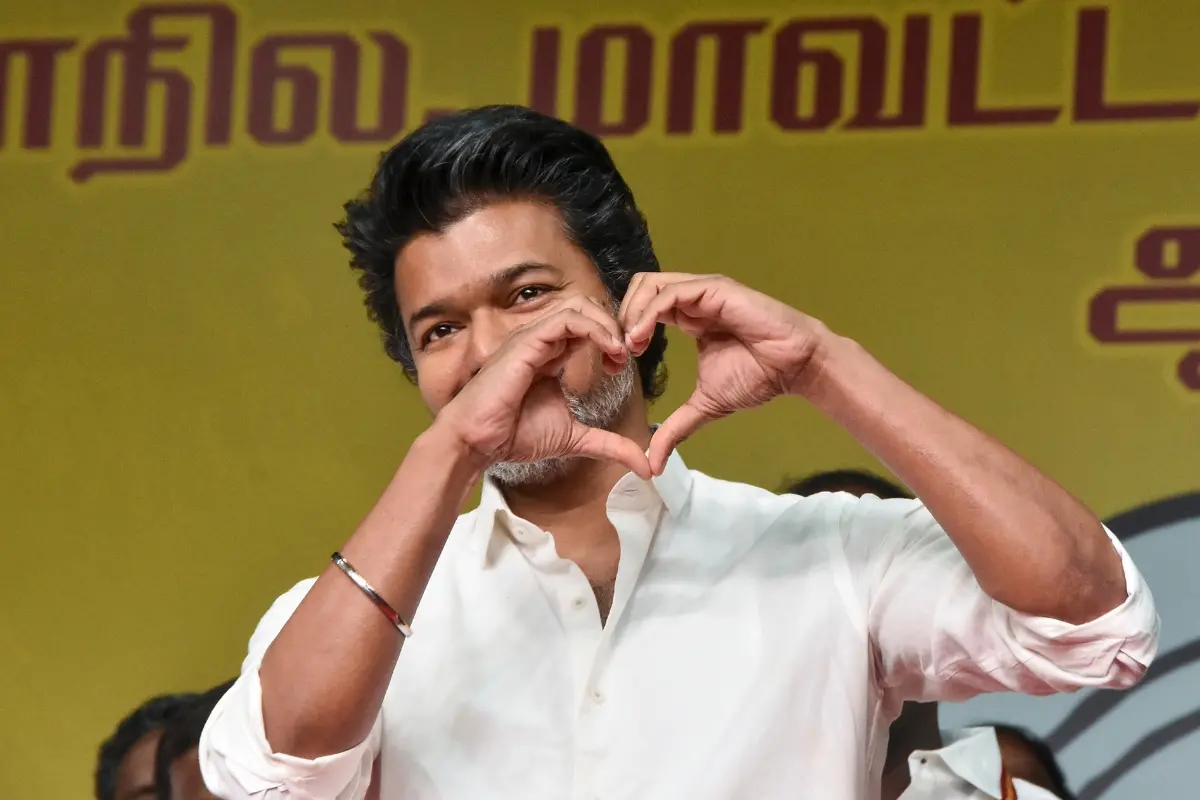 TVK Chief Vijay gestures during a state and district-level Executive Cadre Consultation Meeting, at Mamallapuram, in Chengalpattu district, Tamil Nadu.| Photo: PTI
