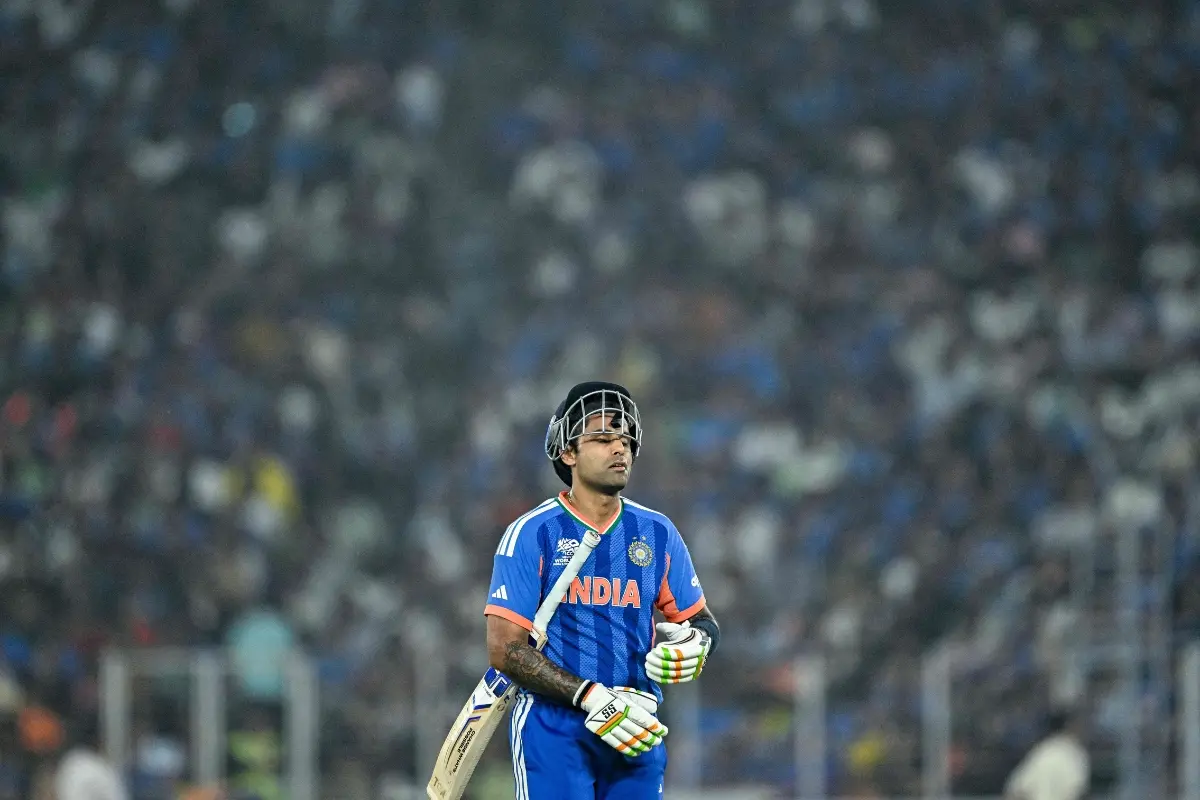 India's captain Suryakumar Yadav reacts after his dismissal during the 2026 ICC Men's T20 Cricket World Cup Super Eights match between India and South Africa | Photo: AFP