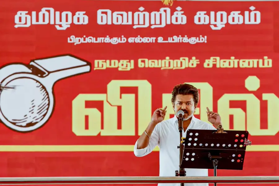 Tamilaga Vettri Kazhagam (TVK) chief Vijay addresses an administrators meeting of the party, in Vellore district