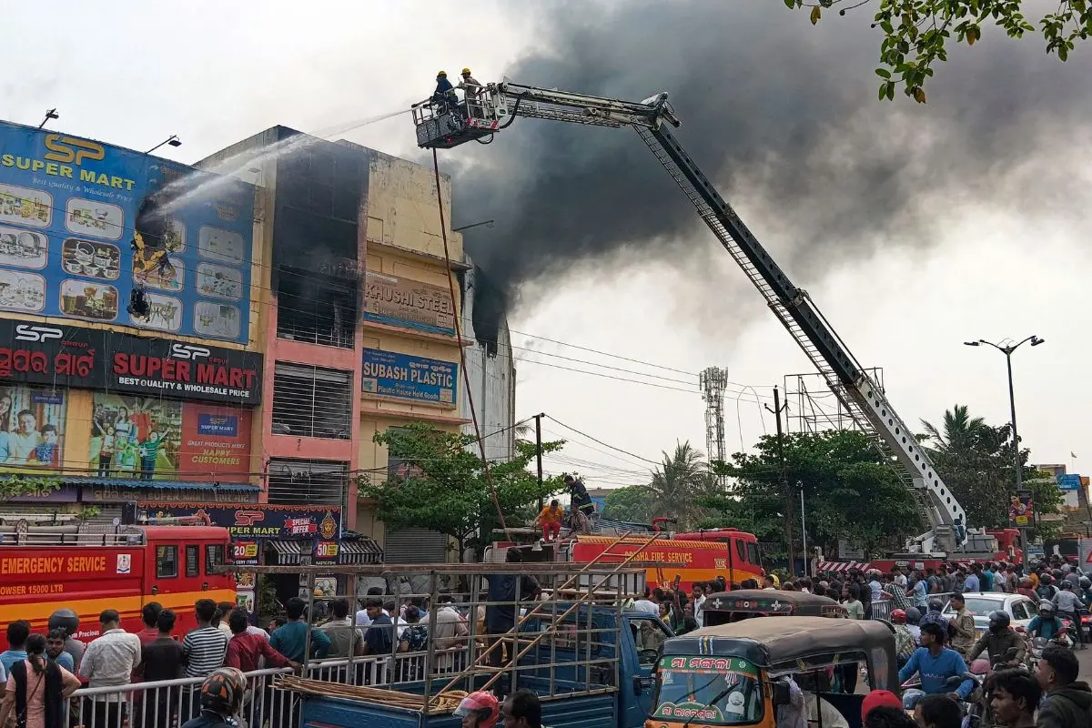 Firefighters douse a blaze at a market complex in the Dhauli area of Bhubaneswar, Odisha, Tuesday, Feb. 24, 2026 (Photo: PTI)