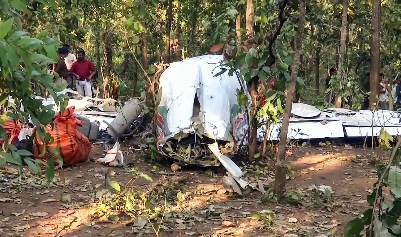 A team of DGCA (Directorate General of Civil Aviation) investigates the site where a Delhi-bound air ambulance crashed last night | Photo: ANI