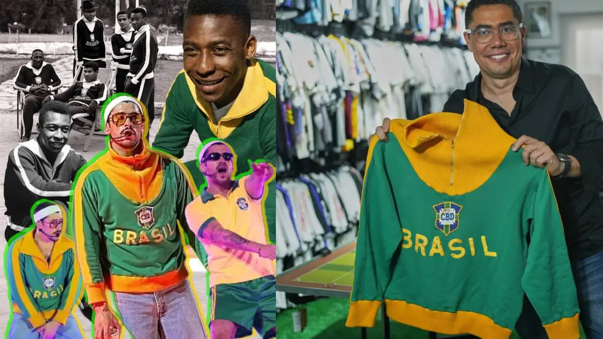 From left (L): Bad Bunny wearing the Pelé jersey; Cassio Brandão, owner of the Alambrado Futebol e Cultura store, poses with the jacket worn by the late soccer legend—the same one worn by Bad Bunny during a concert a week prior in São Paulo. | Photos: AP/X